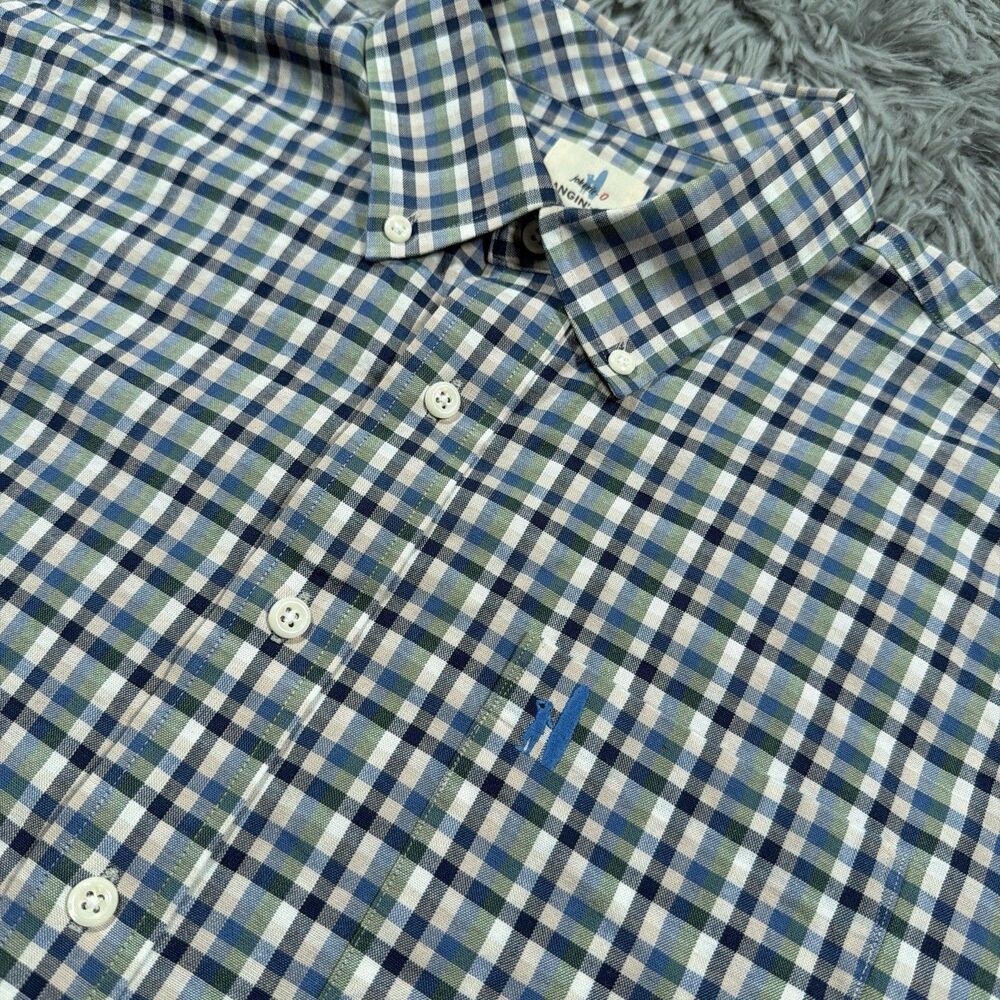Jonnie-O Shirt Large Blue White Button Up Hanging Out Gingham Plaid Woven Mens